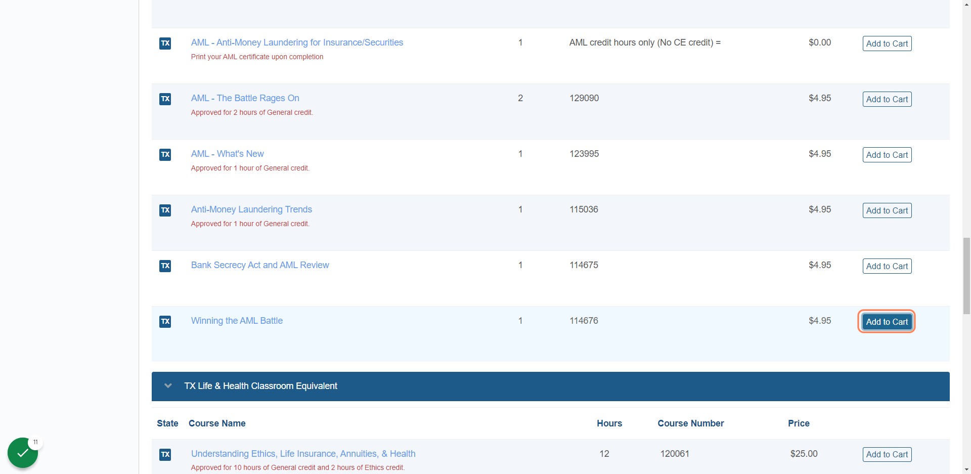 Click on Add to Cart Winning the AML Battle 1 Credit hour