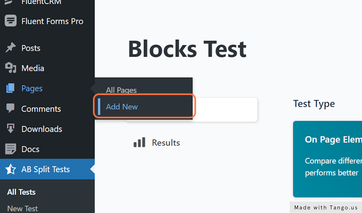 Go to an existing or new page built with blocks