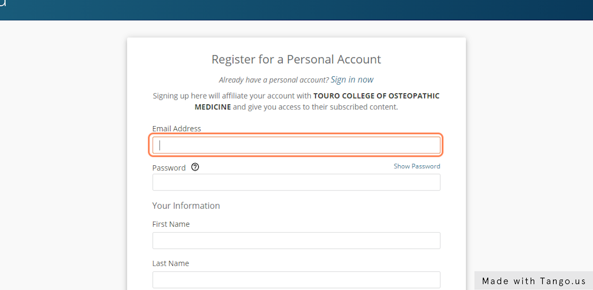 Enter Touro email address and create a password