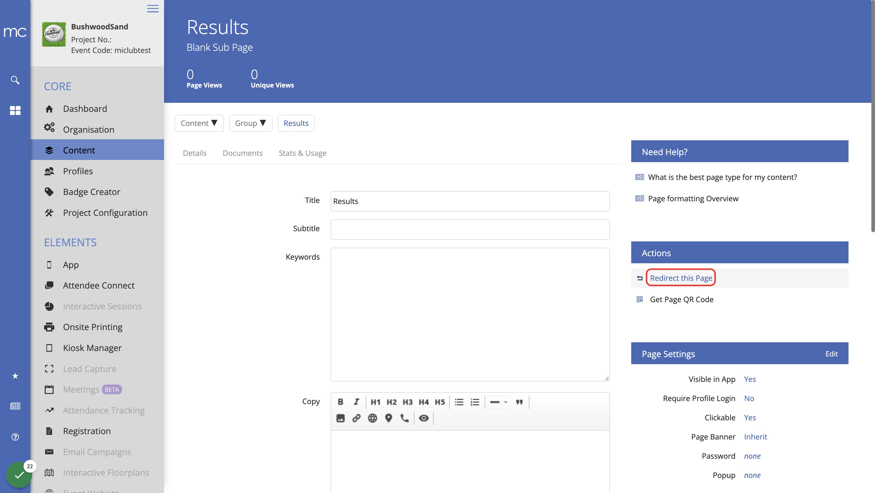 Click on Redirect this Page
