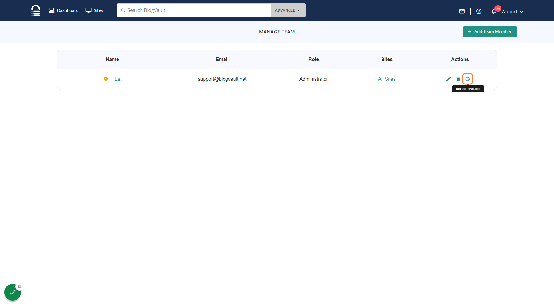 To send a team member invite again you can click on the resend invitation option