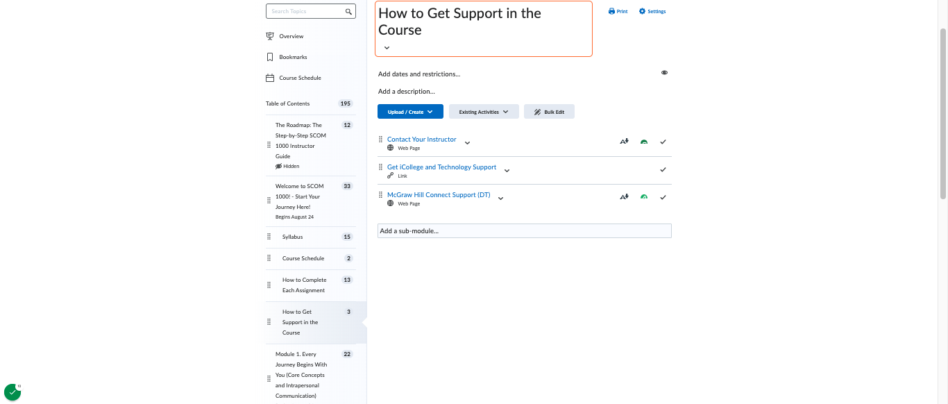 Student Support: Module dedicated to easy access contact information for course support