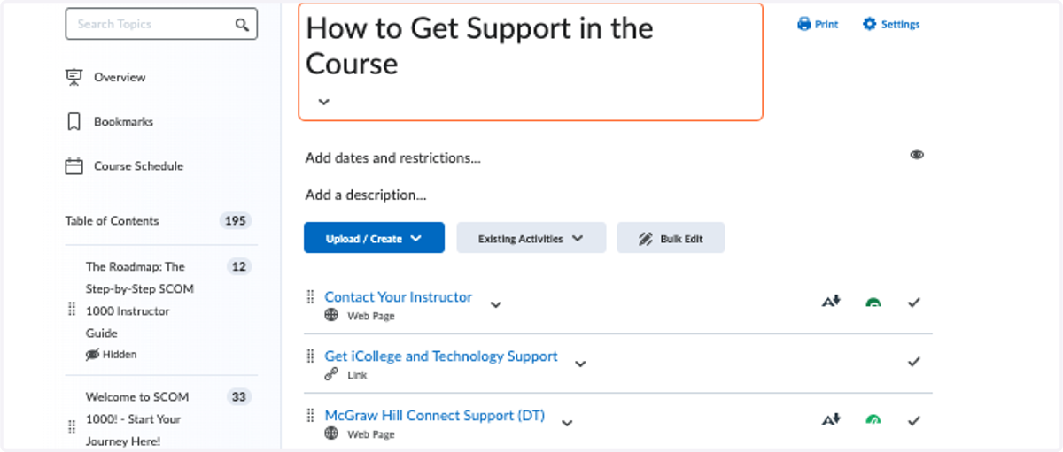 Student Support: Module dedicated to easy access contact information for course support