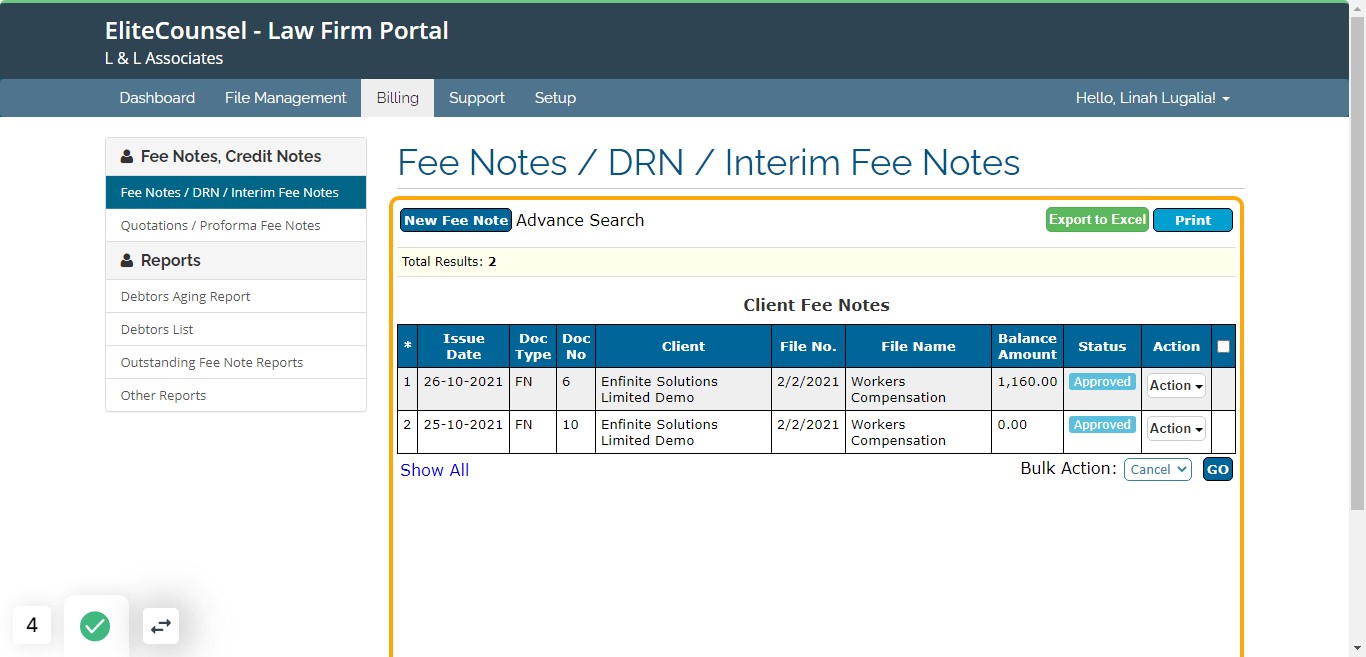 To view a list of all fee notes raised in the system