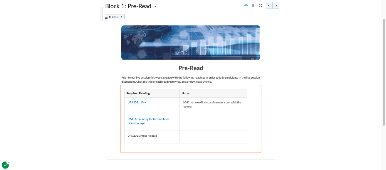 Module Component 1: Pre-reading charts with easy access links to readings and helpful notes