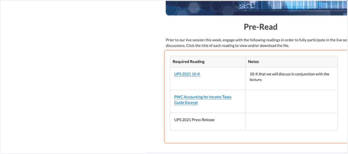 Module Component 1: Pre-reading charts with easy access links to readings and helpful notes