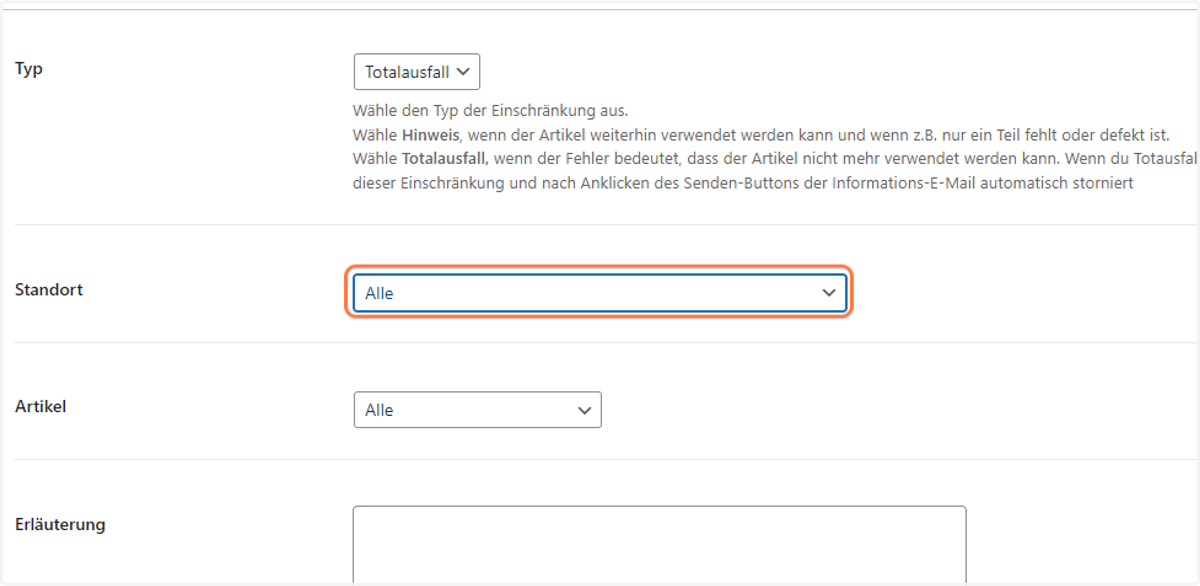 Den relevanten Standort auswählen