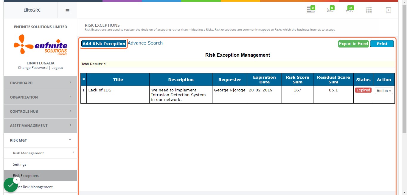 Click on Add Risk Exception button to add an exception