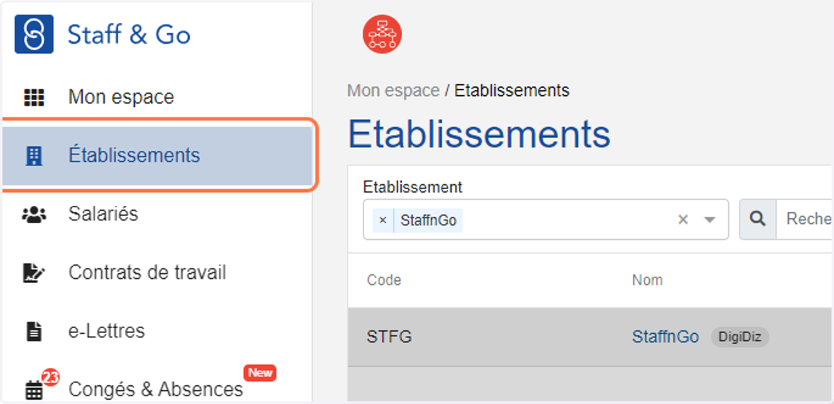 Cliquer sur le menu "Etablissements"