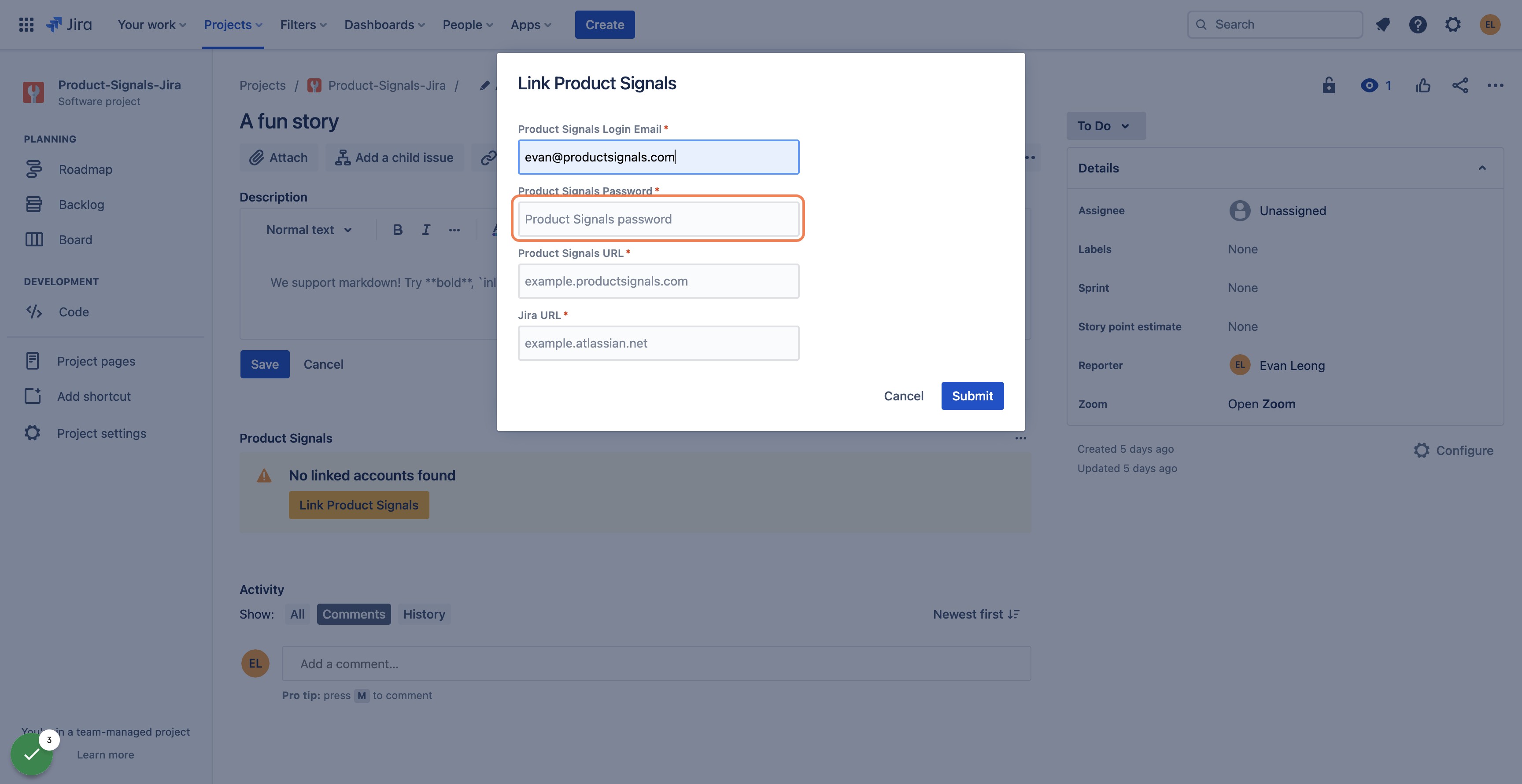 Enter your Product Signals email and password