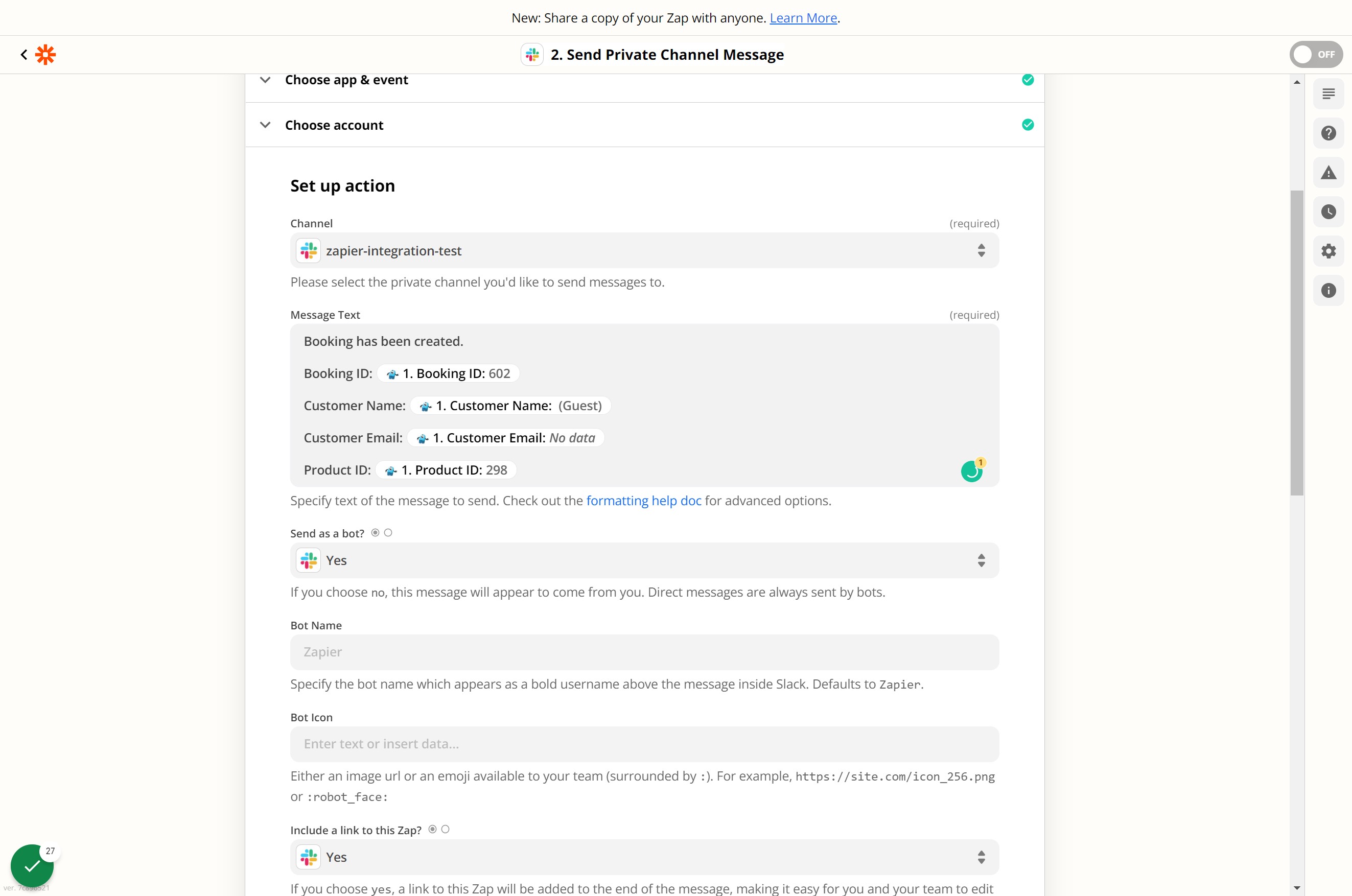 Add Booking properties to the message that would be sent to the Slack channel