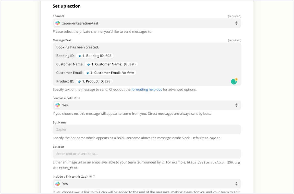 Add Booking properties to the message that would be sent to the Slack channel