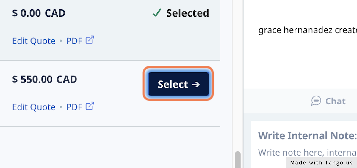 Click "Select" on the quote you wish to add to the order