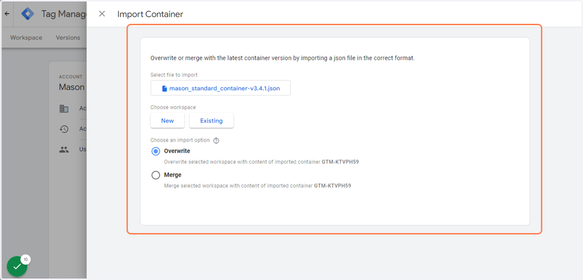 Select the Mason Standard GTM container file from file upload menu