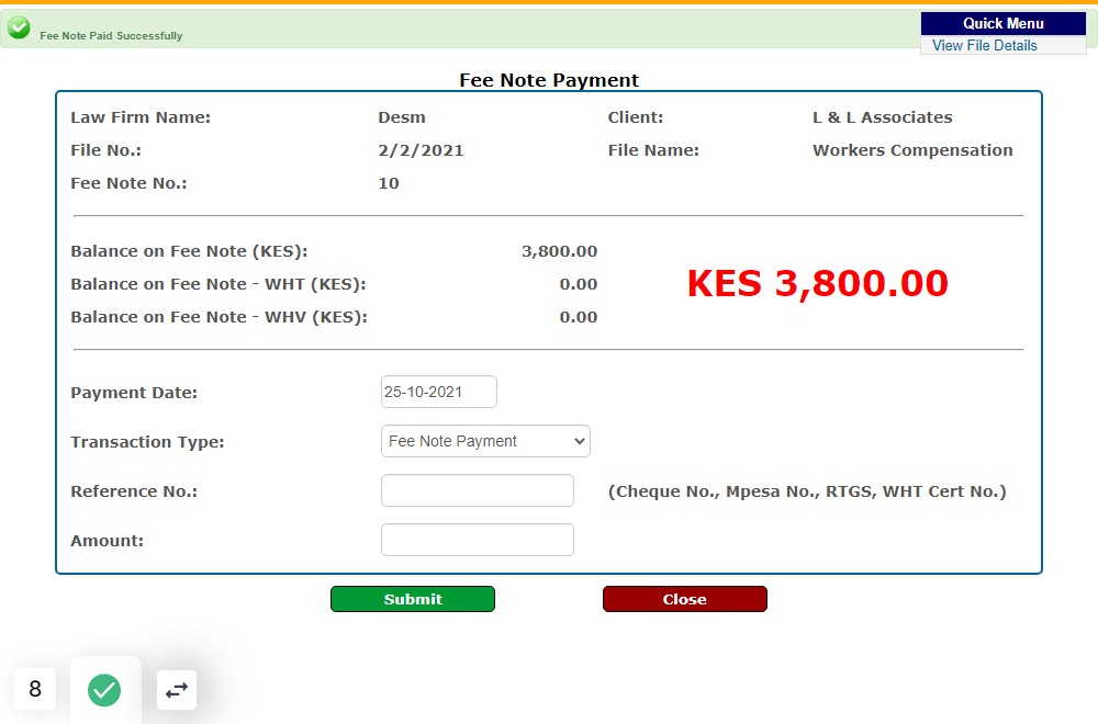 Fee note has been paid successfully as shown in the below example