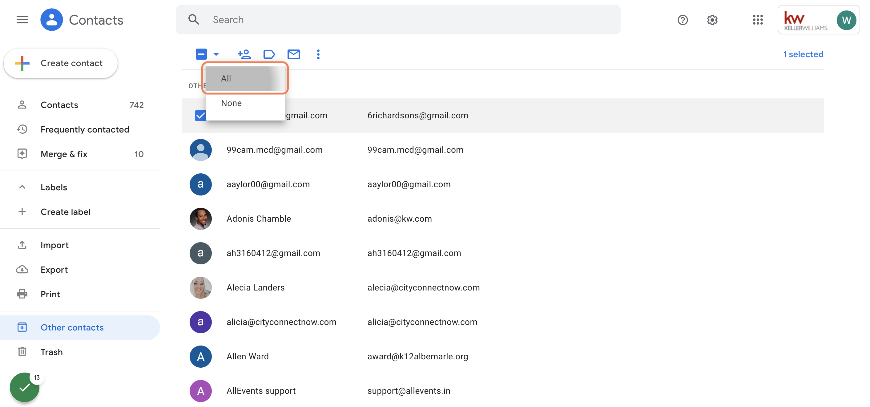 Click on All to select all contacts