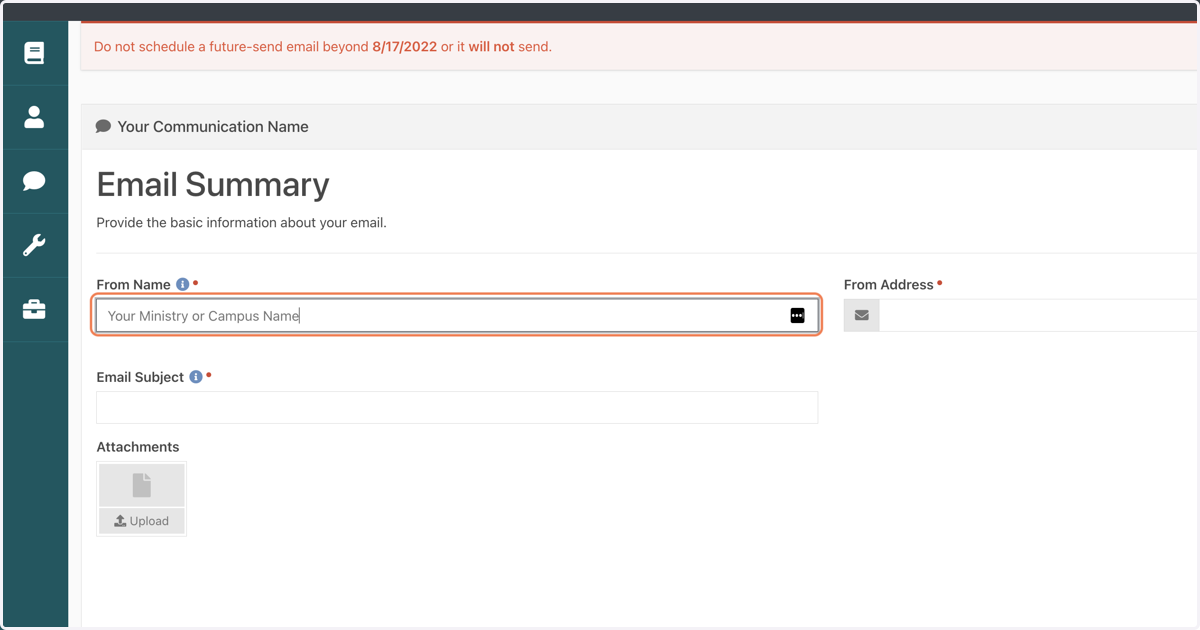 Enter Your Ministry or Campus Name in the "From Name" field.