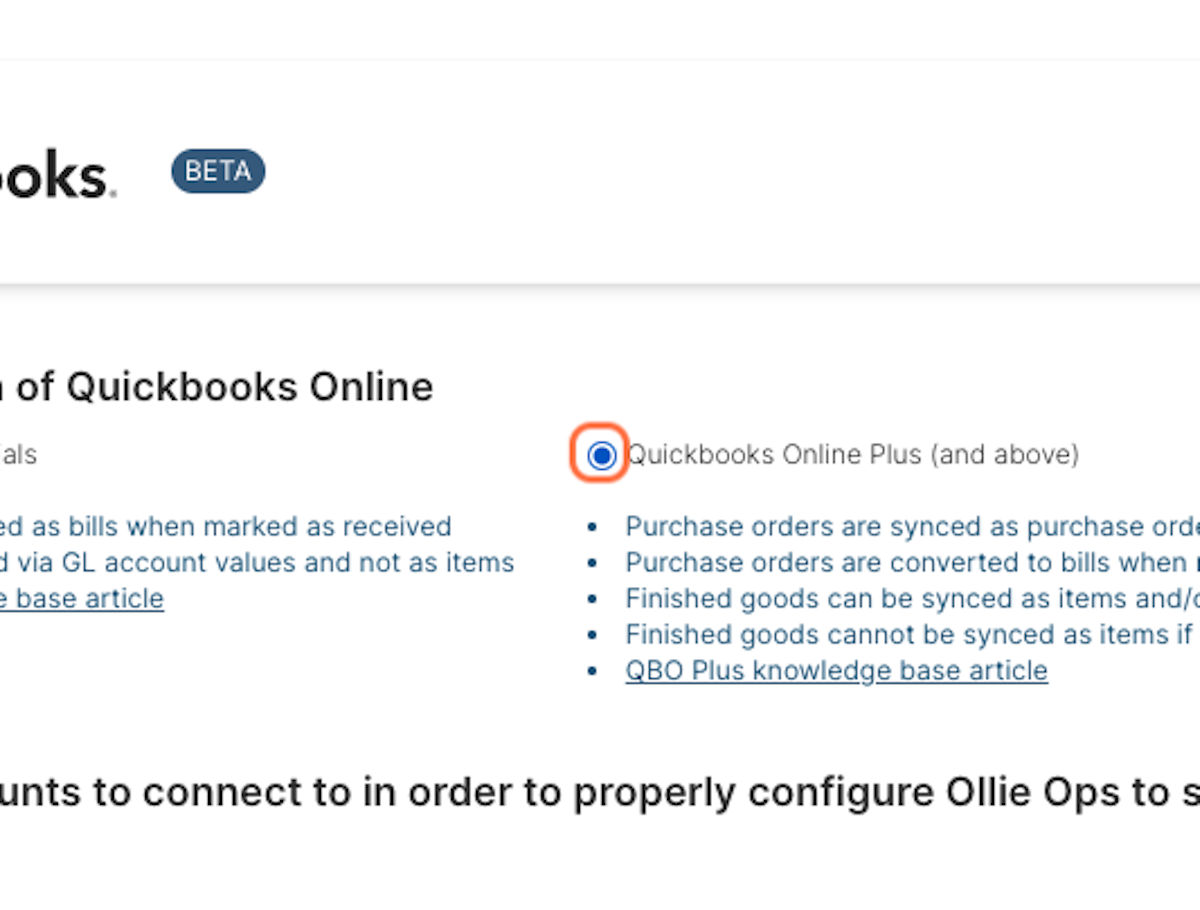Select "Quickbooks Online Plus (and above)"