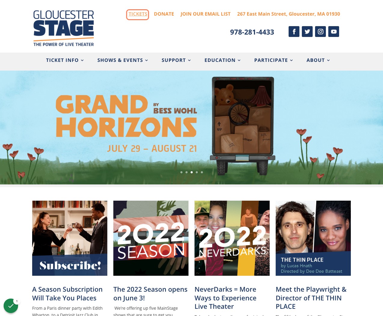 Click on "Tickets" at the top of gloucesterstage.com