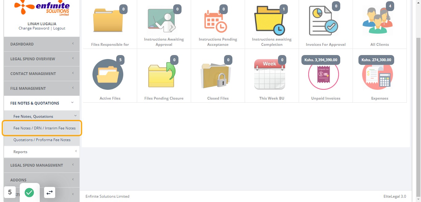Click on" Fee Notes / DRN / Interim Fee Notes" link