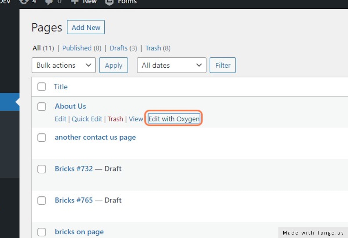 Head to any existing or new page, and edit in your favourite page builder. We're using Oxygen in this example.