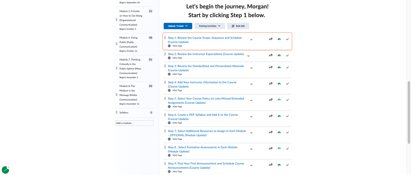 Instructor Support: Step-by-Step pages indicating action items for part-time instructors to complete for course set up