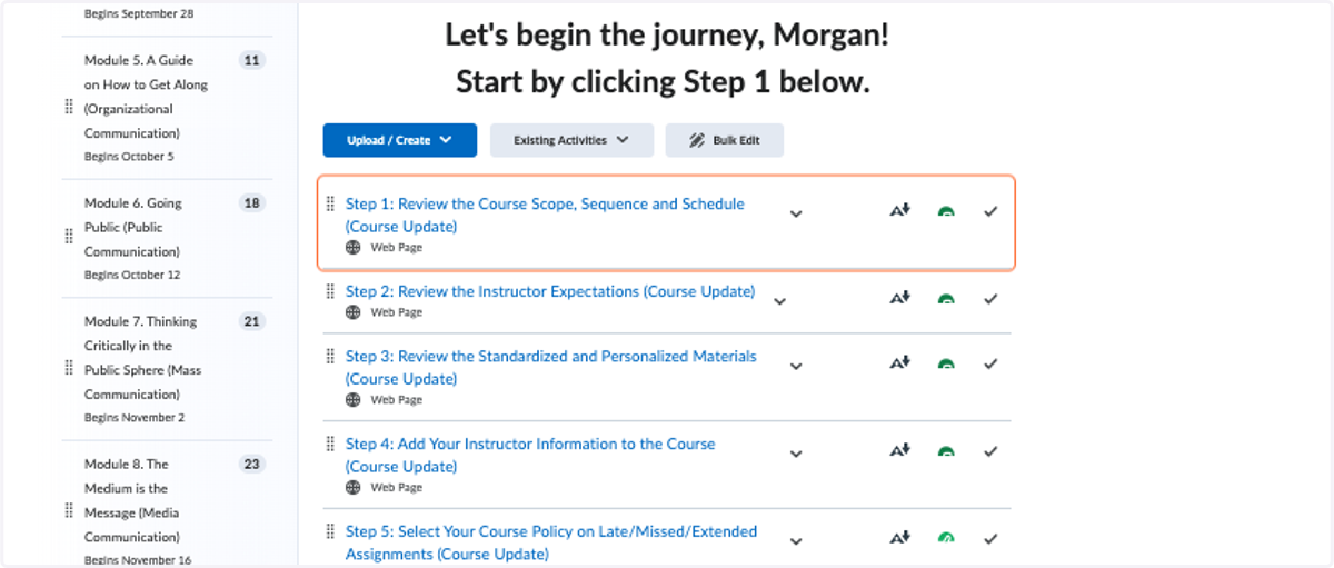 Instructor Support: Step-by-Step pages indicating action items for part-time instructors to complete for course set up