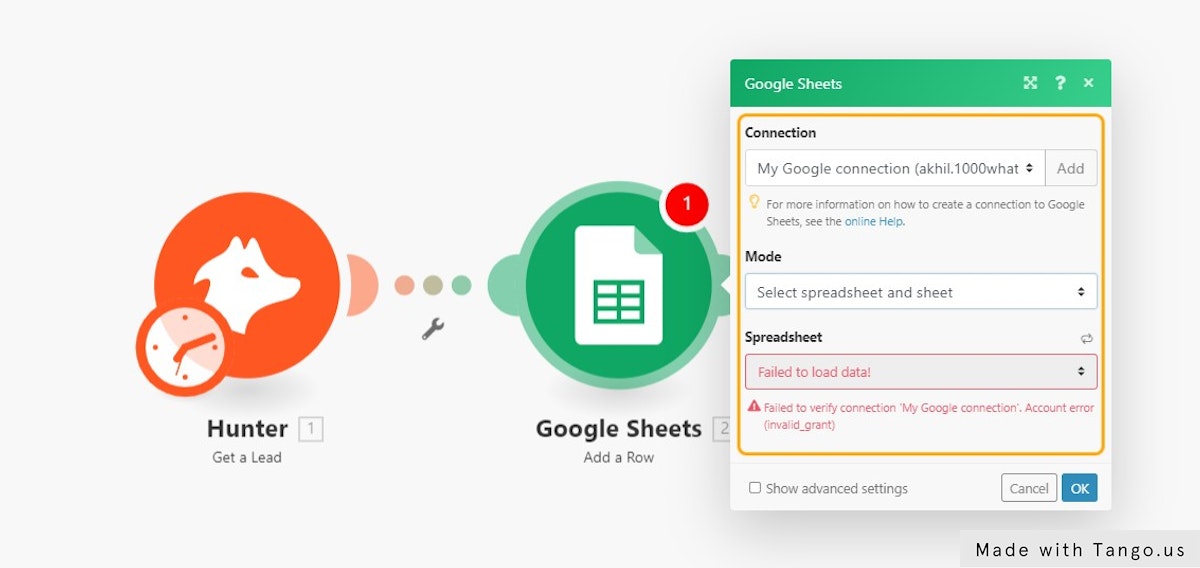 Click on Connection
My Google connection (akhil.1000what@gmail.com)
Add
For more information on how to create a connection to Google Sheets, see the online Help.
Mode
Select spreadsheet and sheet
Map spreadsheet and sheet manually
Spreadsheet
Failed to verify connection 'My Googl…