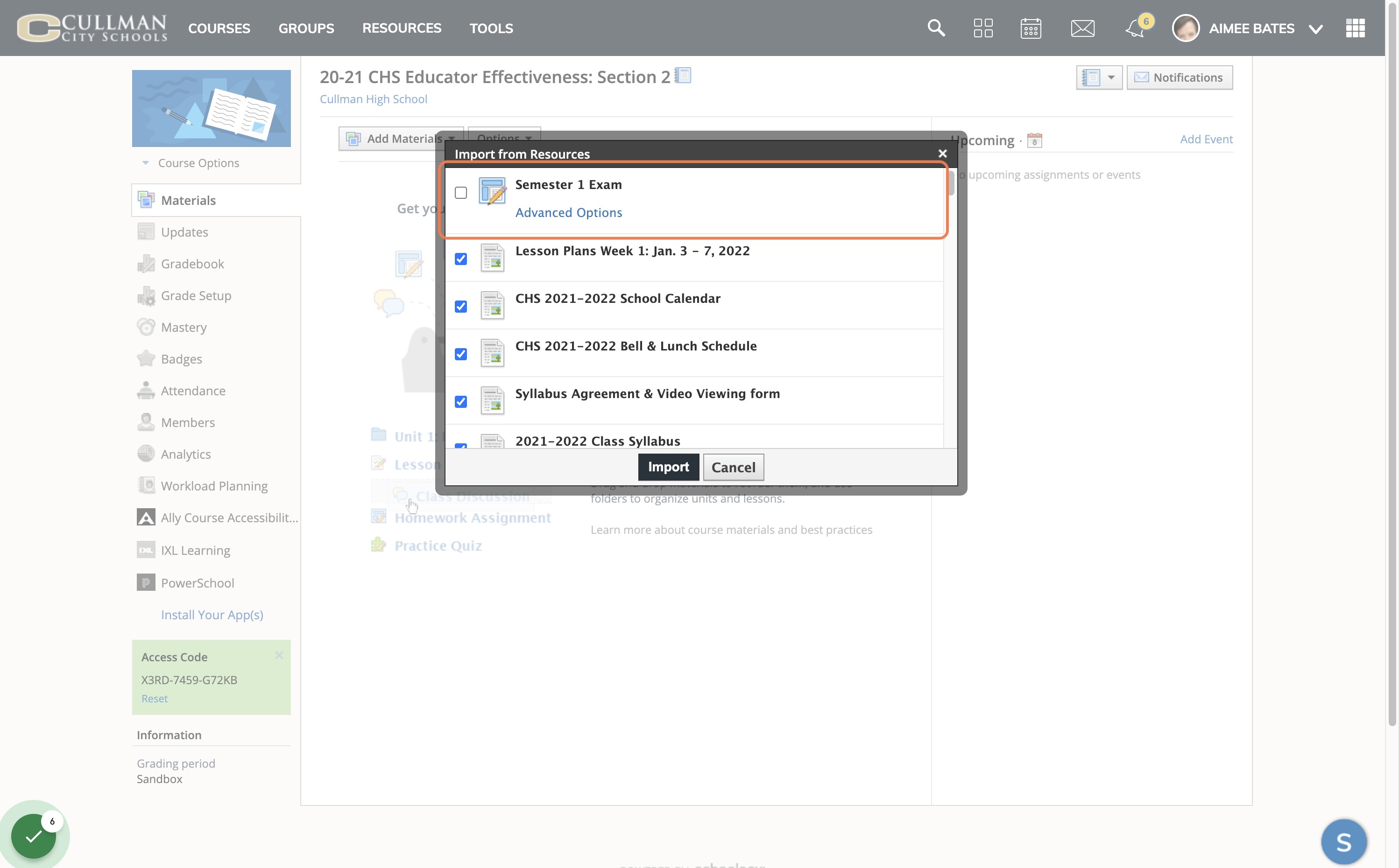 If you selected a folder to import, you will have the ability to select the items you wish to add to your course