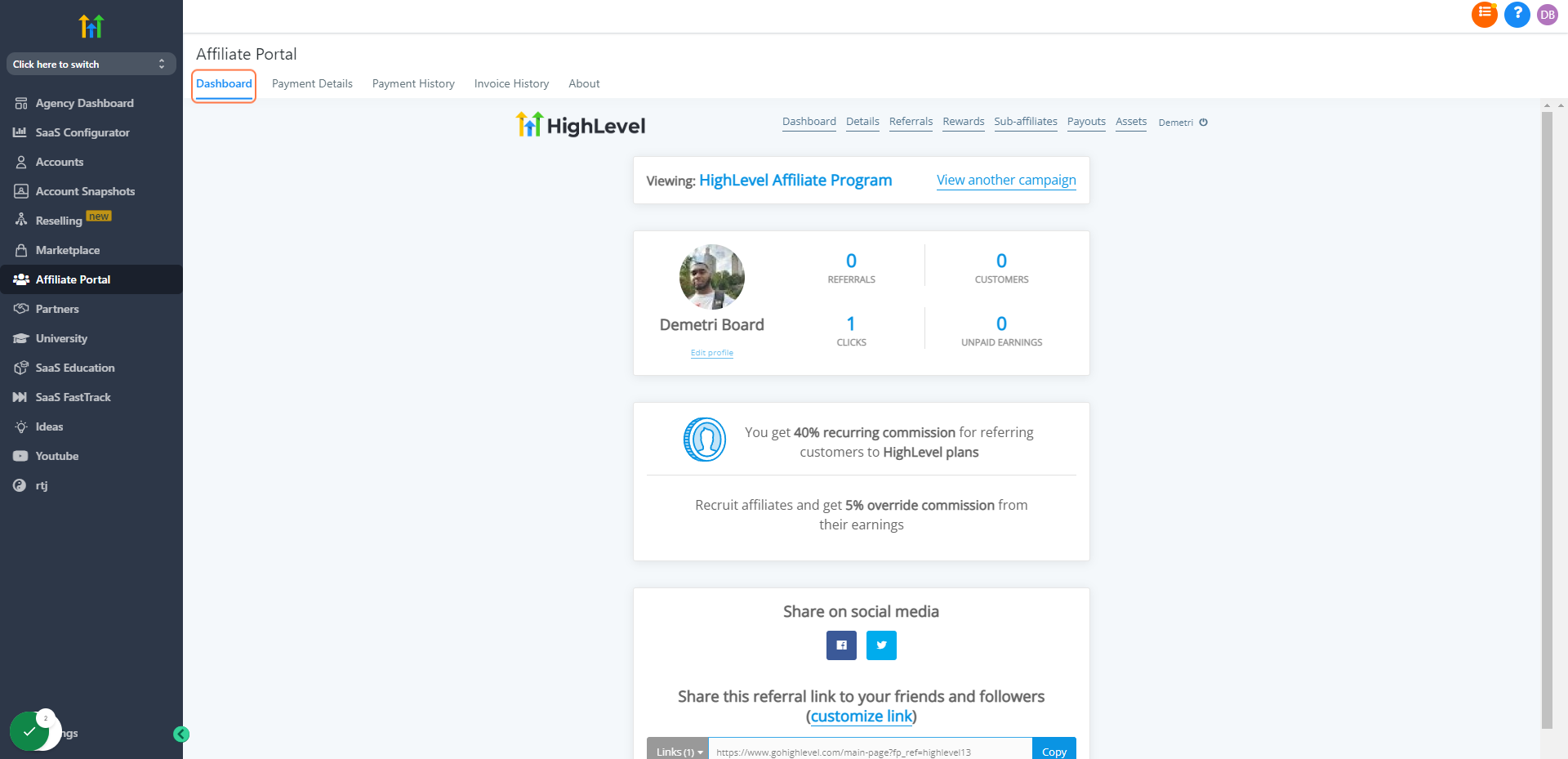 Start on your Affiliate Dashboard