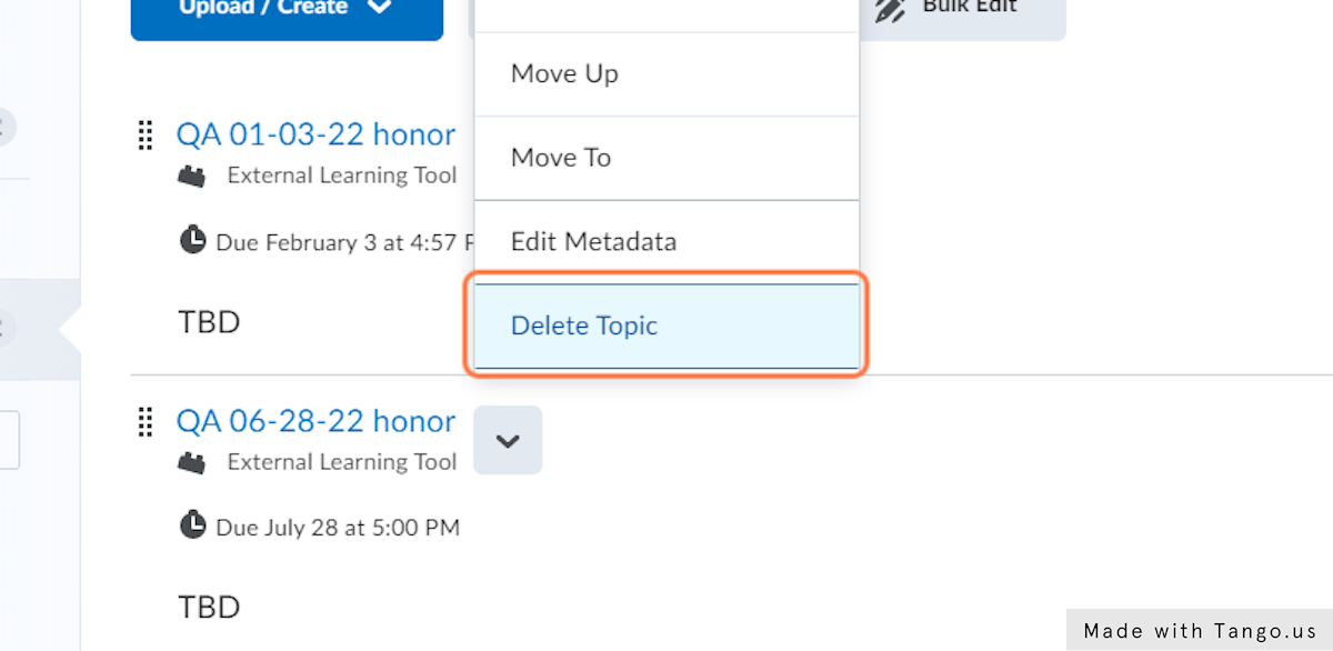 Then choose 'Delete Topic'. Confirm its deletion, and navigate to the 'Grades' tab at the top.