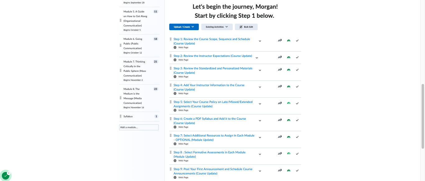 Instructor Support: Step-by-Step pages indicating action items for part-time instructors to complete for course set up