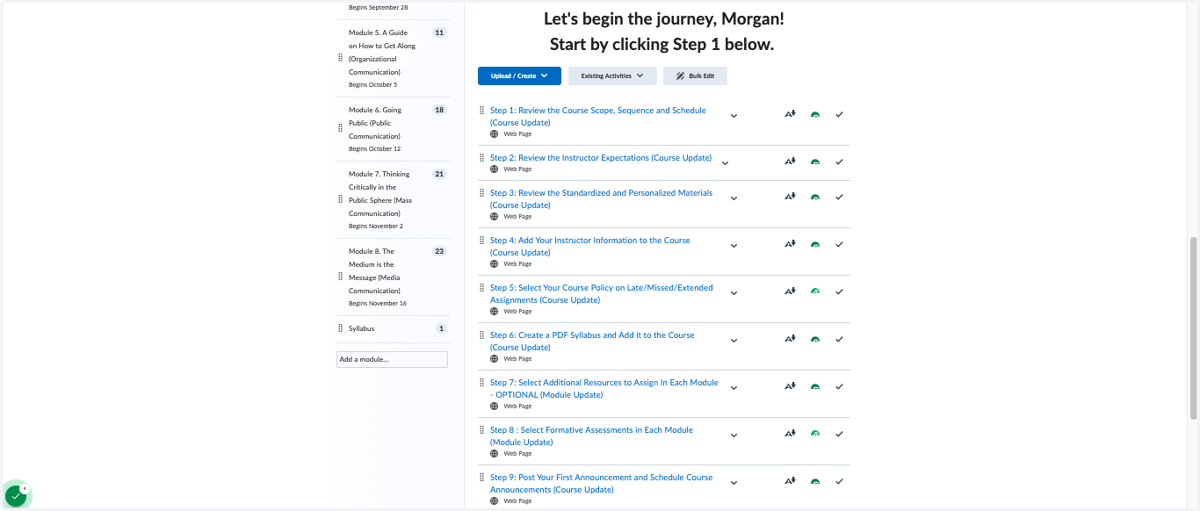 Instructor Support: Step-by-Step pages indicating action items for part-time instructors to complete for course set up