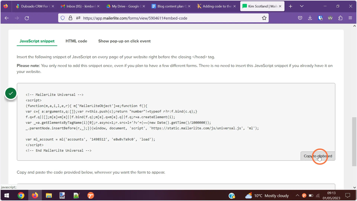 The user clicking the copy to clipboard button for the first block of code under the javacript snippet tab.