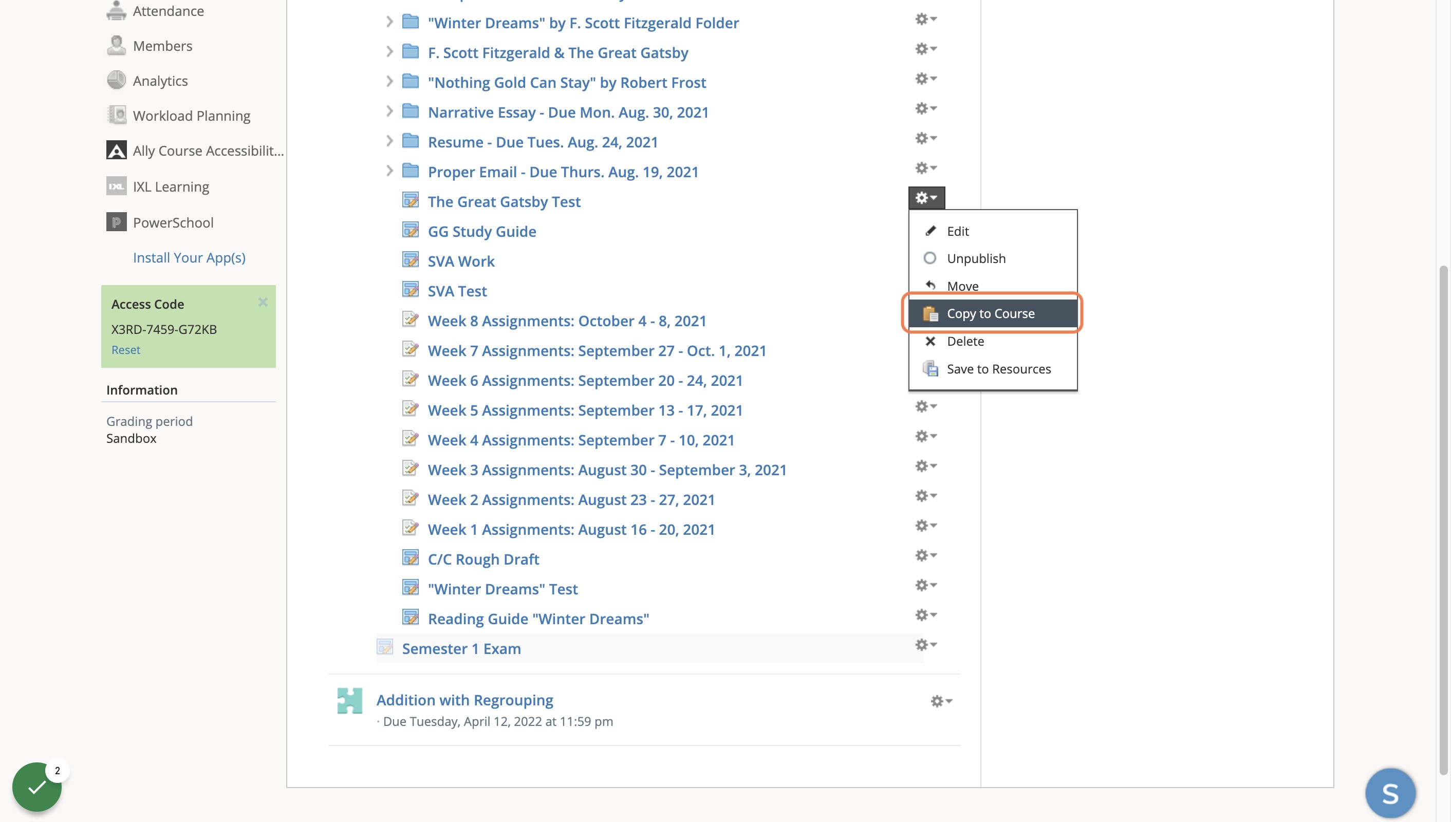 Click on Copy to Course