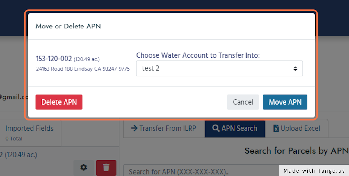 Use the settings window to move the parcel between Water Accounts