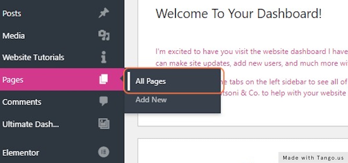 From the sidebar menu, hover over Pages and click All Pages