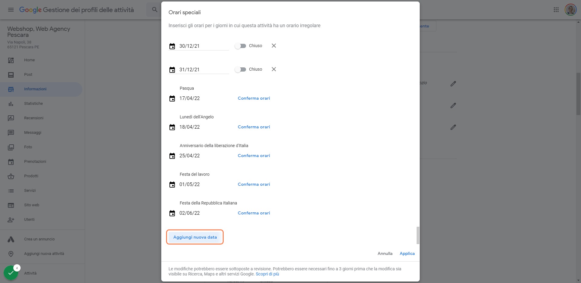 Click su Aggiungi nuova data