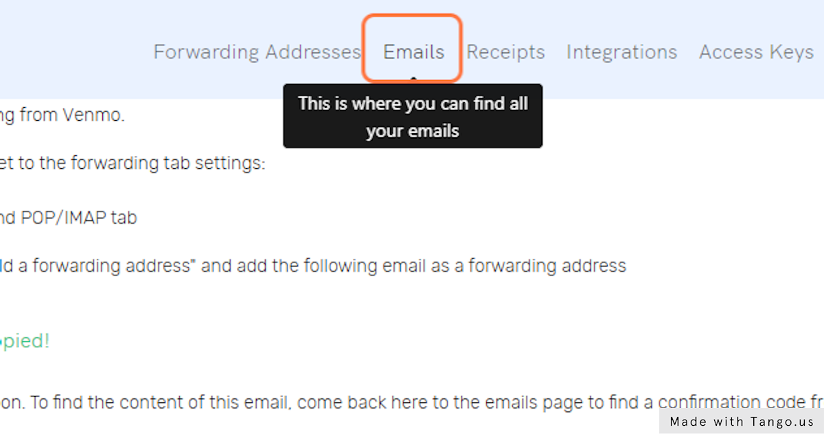 Click on Emails to find the email sent for verification