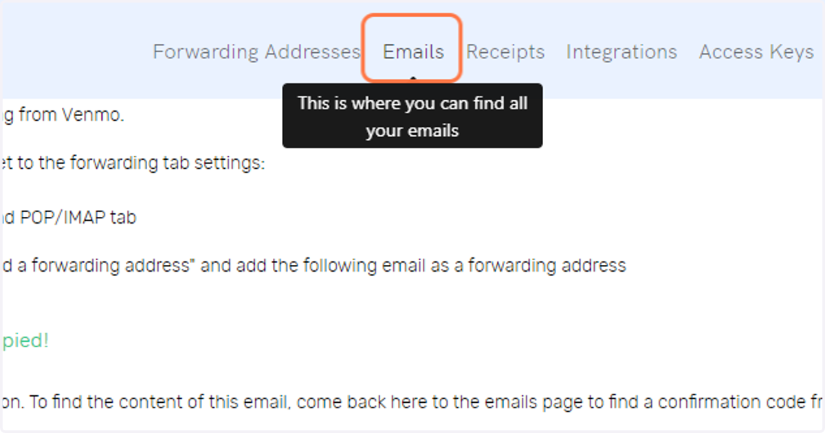 Click on Emails to find the email sent for verification