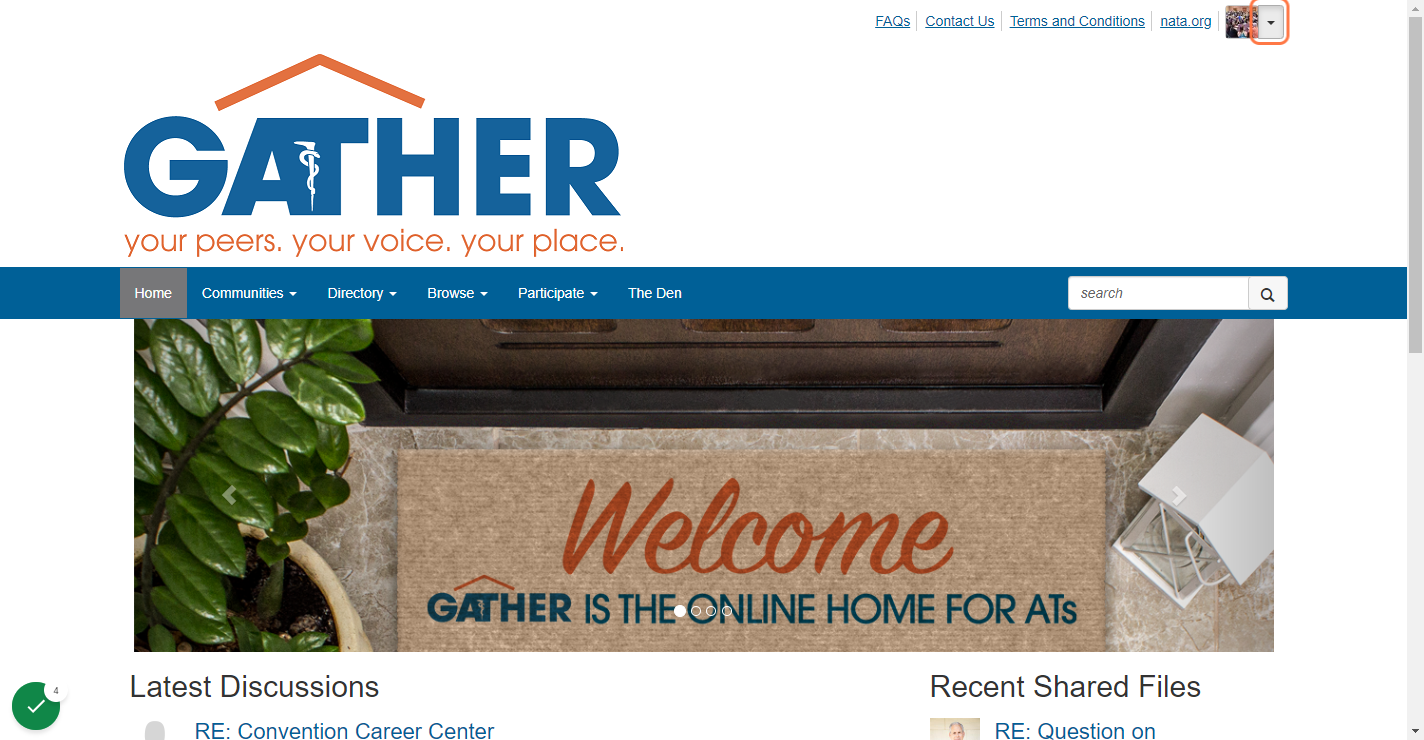 Once you arrive to the GATHER homepage, click on Profile Details dropdown located in the upper right corner of your screen.