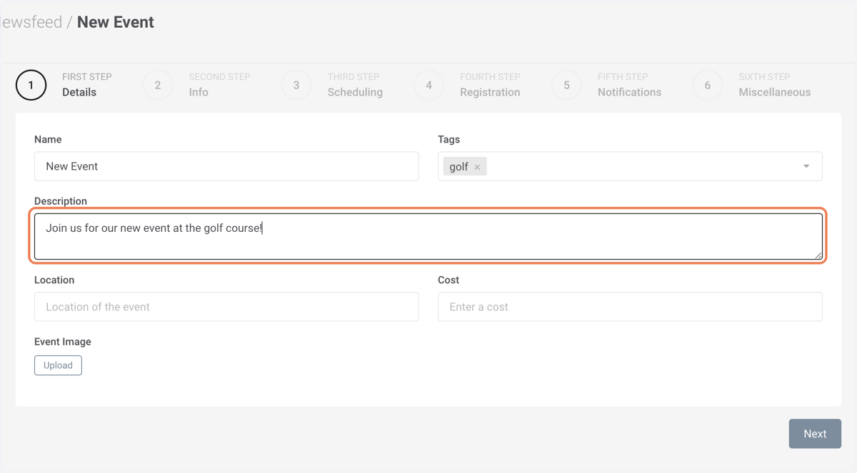 Enter event description in the "Description" box.