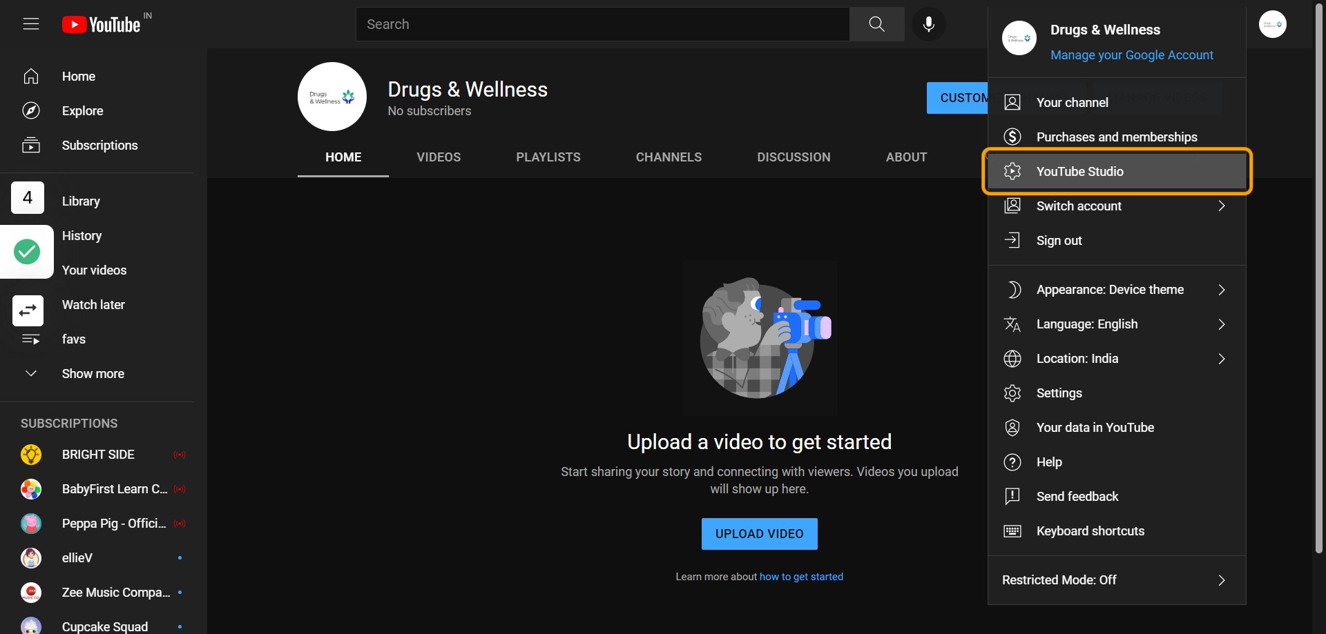 Click on YouTube Studio