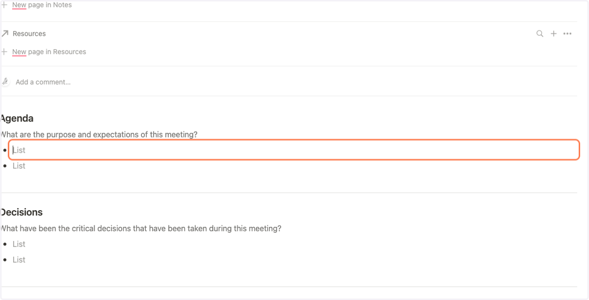 Add your agenda points in bullet form