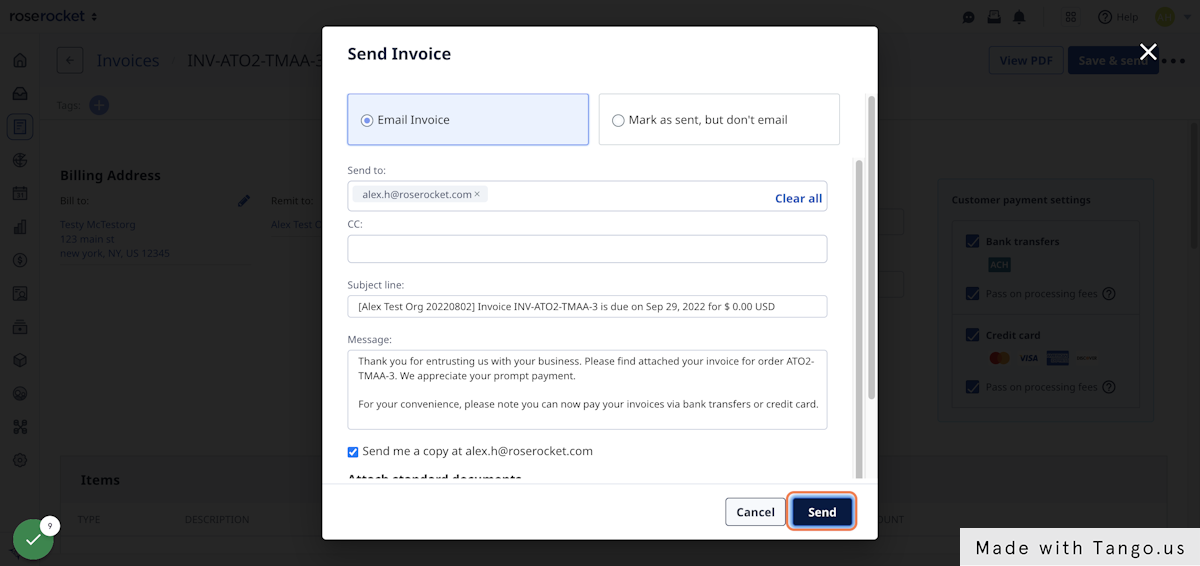 Finalize your invoice email, and click "Send"