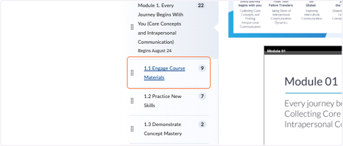 Module Components: Modules organized into 4 "stops" to streamline content and correspond with the "journey" narrative