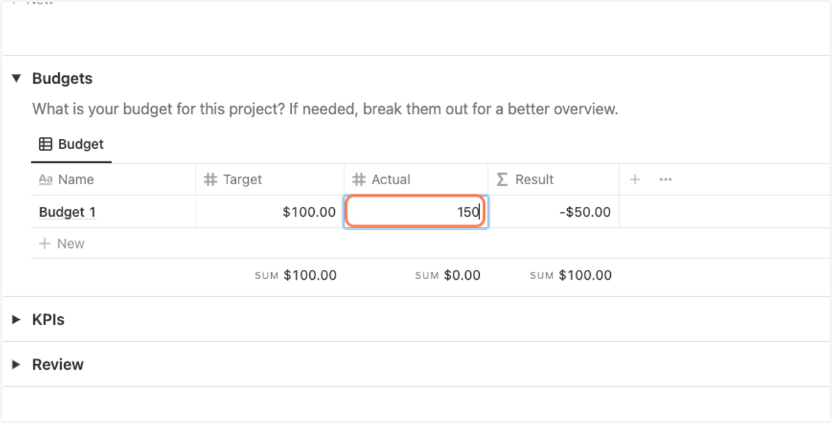 When finished add your budget actual