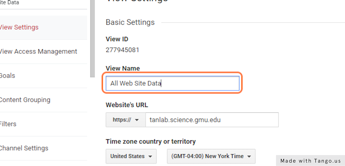 Change the "View Name" field to "[PROD] yourdomain.gmu.edu (YYYY-MM-DD)", replacing yourdomain.gmu.edu with the domain for your website, and YYYY-MM-DD with the current date