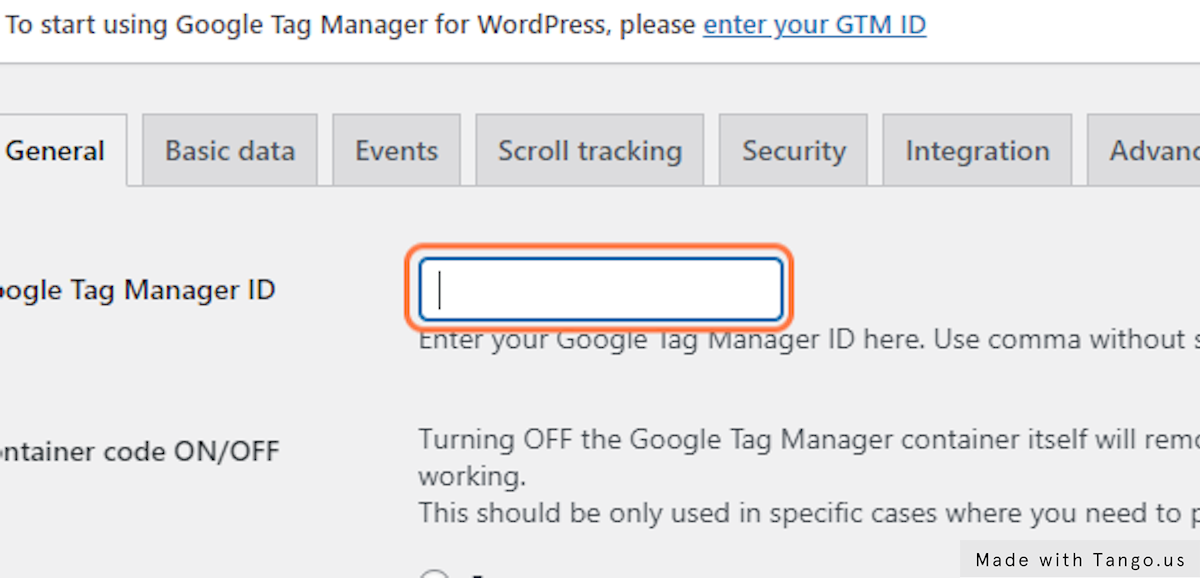 Paste the GTM Container ID into the "Google Tag Manager ID" field