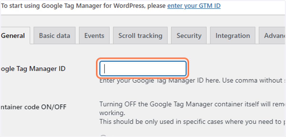 Paste the GTM Container ID into the "Google Tag Manager ID" field